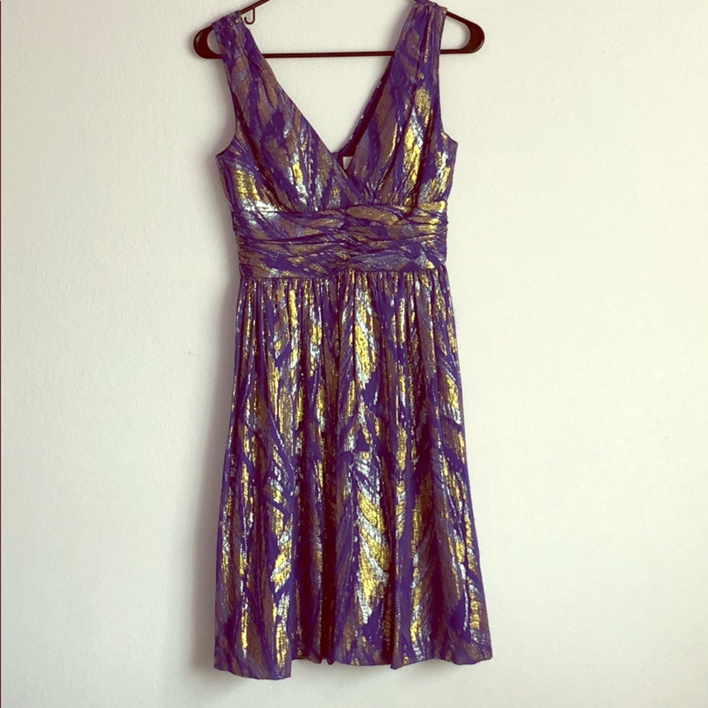 Trina Turk blue dress with gold and silver thread